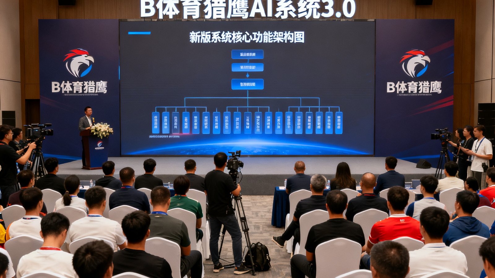 B体育猎鹰AI系统3.0版本升级发布会的现场照片，大屏幕上展示着新版系统的核心功能架构图，台下坐满了受邀的体育行业嘉宾和媒体记者。
